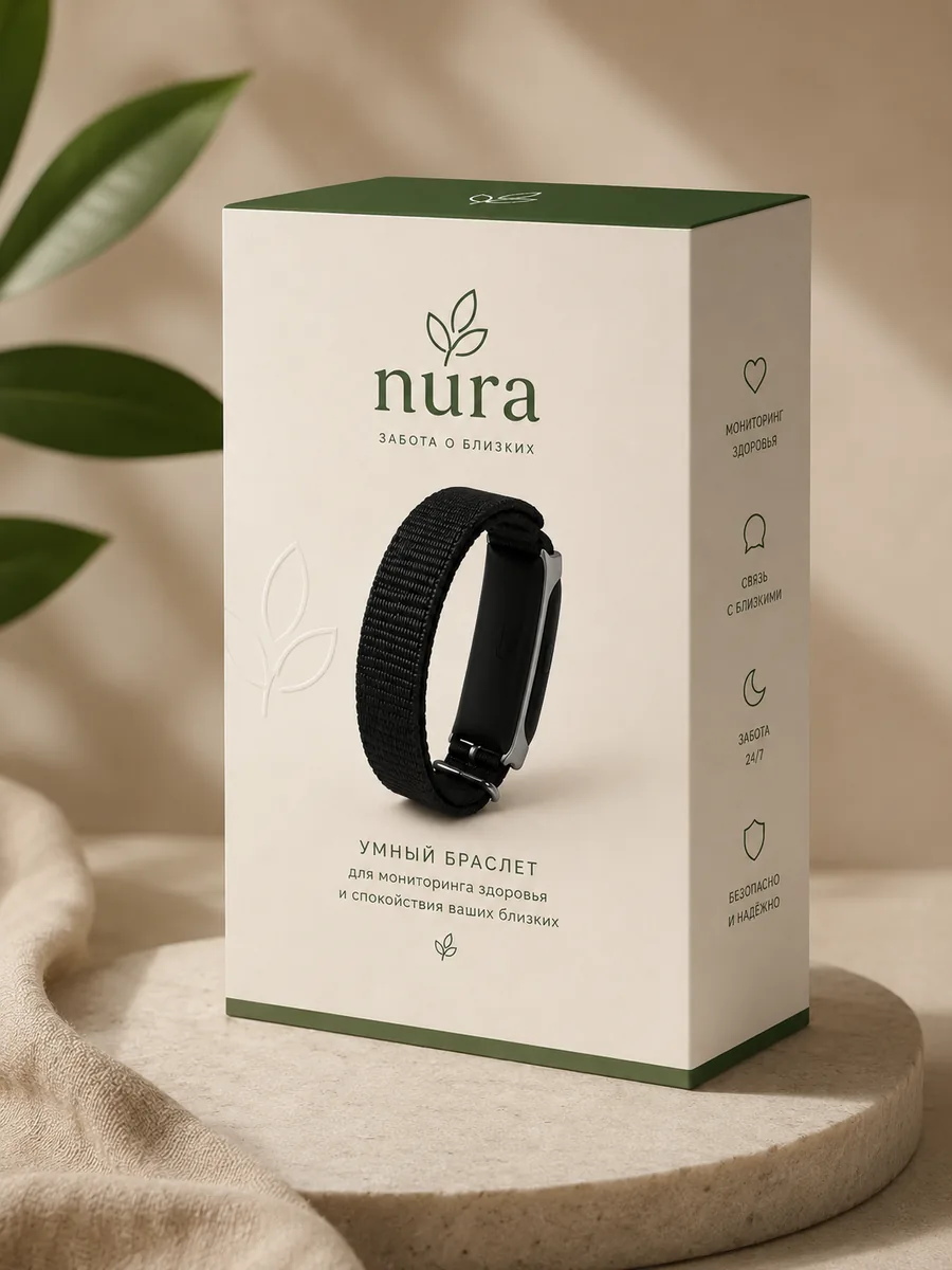 Коробка Nura с умным браслетом, классический чёрный нейлоновый ремешок